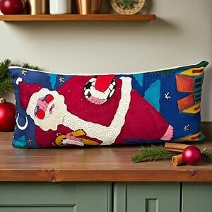 Bellozar Hand Painted Santa Pillow Colorful Puff Paint Folk Art Signed 11"x5"